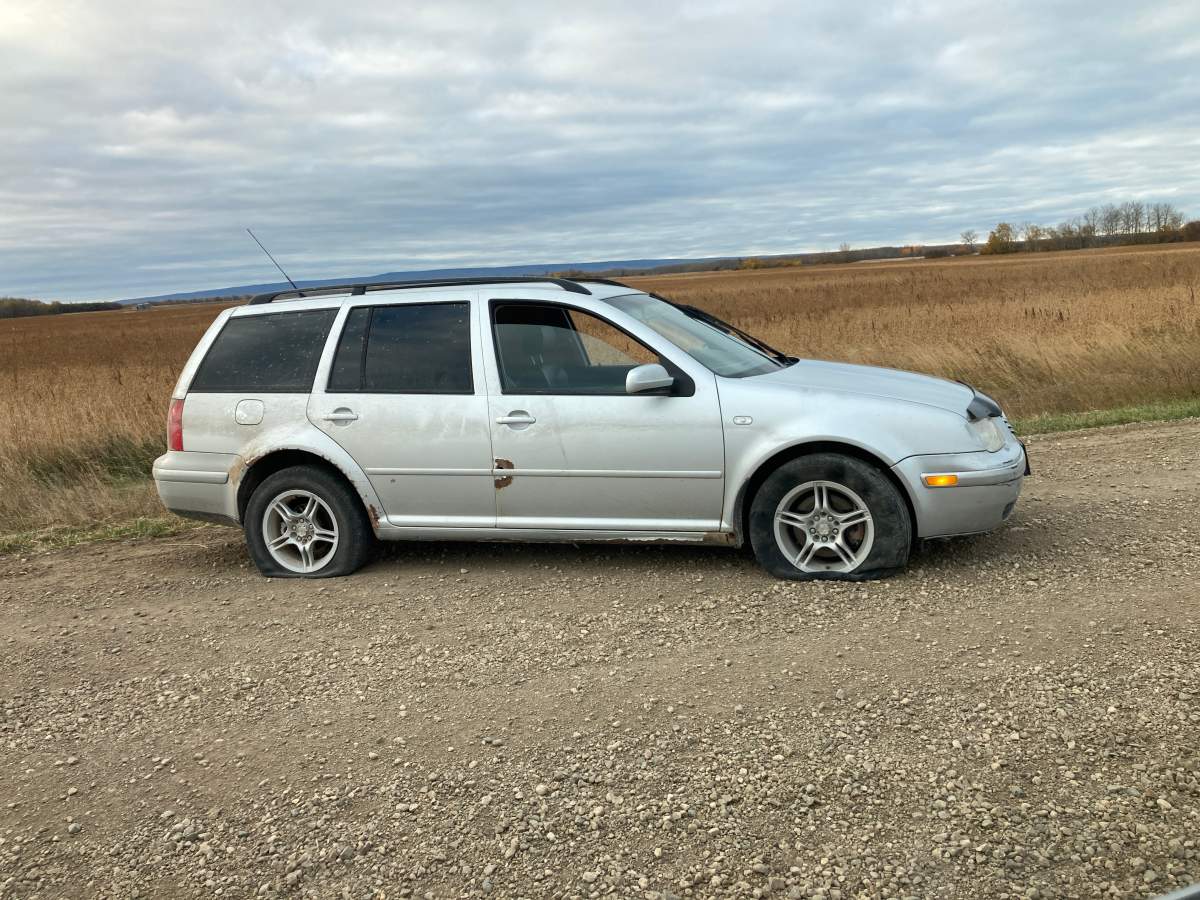 A stolen vehicle after encountering an RCMP spike belt.