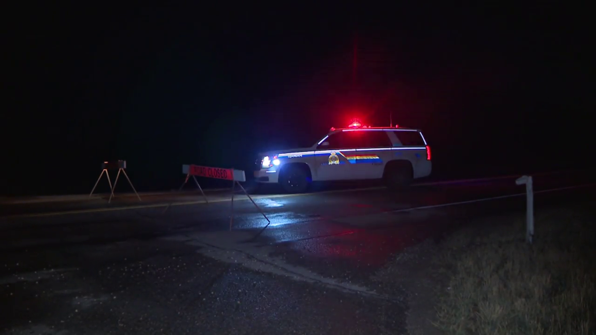 An RCMP vehicle on the side of the road following a shooting incident in Strathcona County Monday, Oct. 10, 2022.