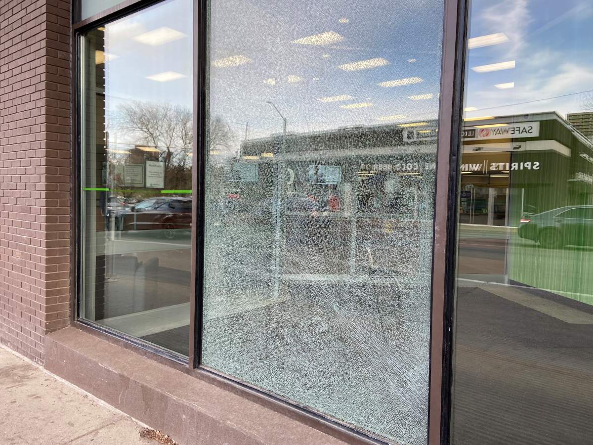 Smashed window near Whyte Ave & 109 Street