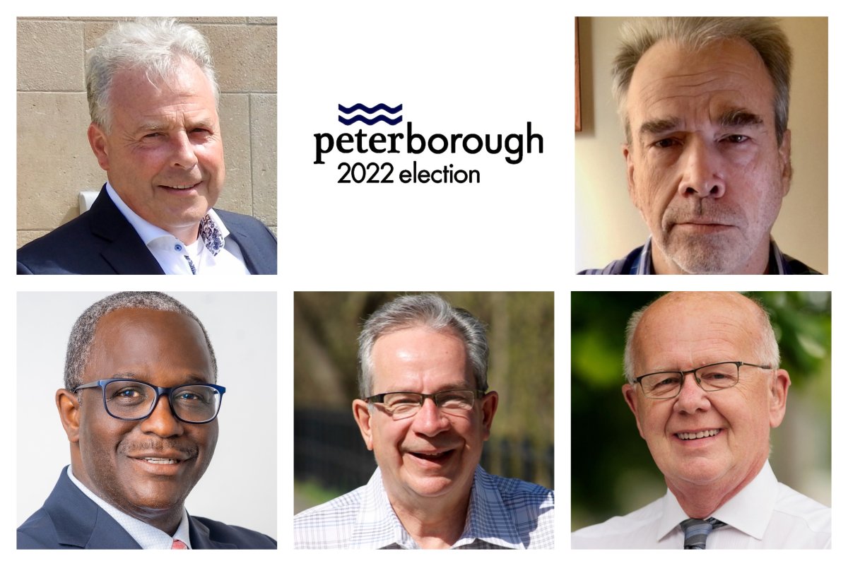 Peterborough's mayoral candidates from top clockwise, Brian Lumsden, Victor Kreuz, Stephen Wright, Jeff Leal and Henry Clarke.