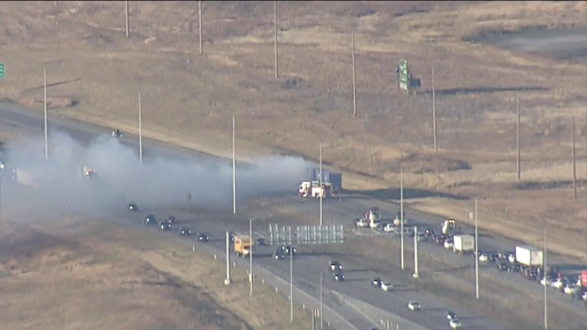 A semi truck is on fire on October 11, 2022, closing northbound lanes of Stoney Trail that afternoon.