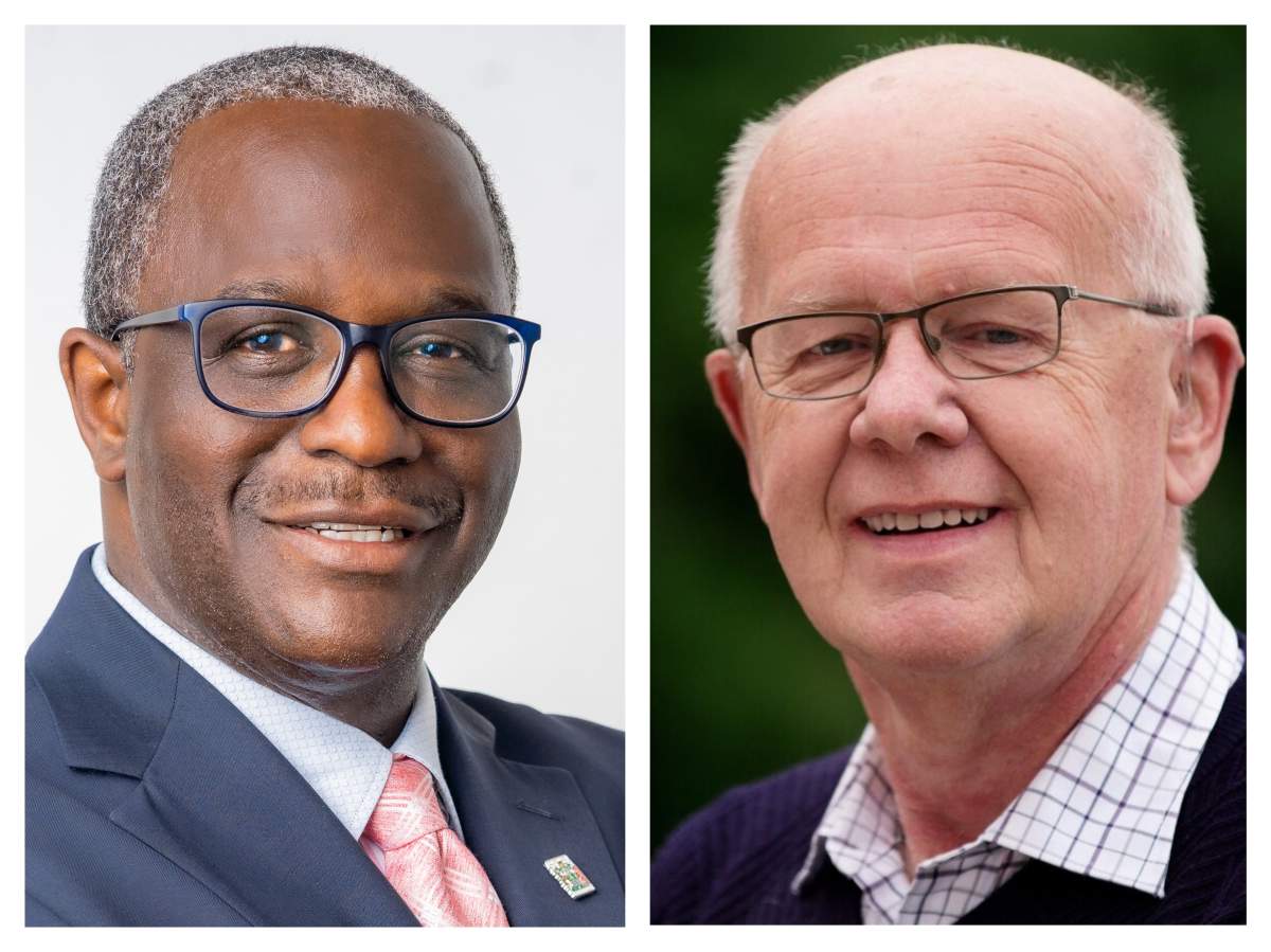 Peterborough mayoral candidates Stephen Wright, left, and Henry Clarke are embroiled in a debate about an email from the Canadian Taxpayers Federation urging residents not to vote for Wright.