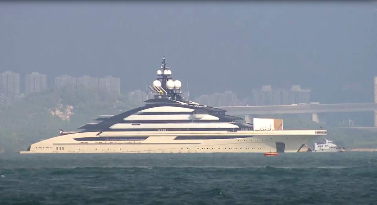 In this image taken from a video footage run by TVB, the megayacht Nord, worth over $500 million, is seen off Hong Kong Island outside Victoria Harbour on Friday, Oct. 7, 2022. The superyacht connected to Russian tycoon Alexey Mordashov has anchored in Hong Kong this week amid moves by Western governments to seize yachts connected to sanctioned Russian businessmen.