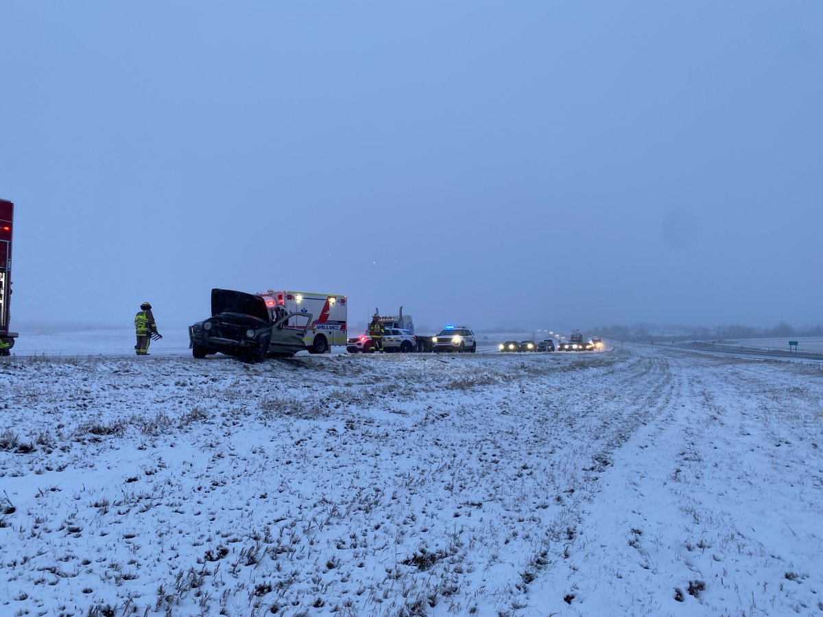 A collision on Highway 1 between Ridge Road and Hermitage Road (Range Road 50) west of Calgary, Alta. on Tuesday, Nov. 1, 2022.