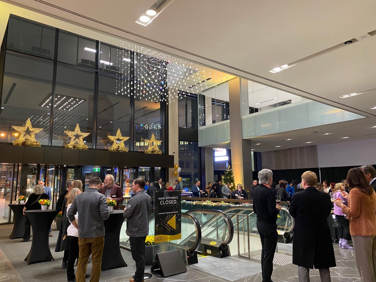 Dozens gathered at 201 Portage Ave. to celebrate the completion of $25-million in upgrades to the courtyard, lobby and upper floors, in the hopes of revitalizing downtown and welcoming employees back.