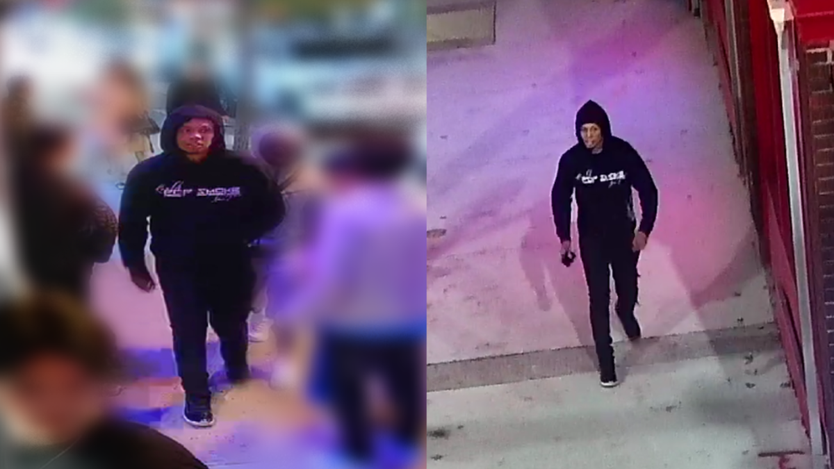 Police say they're looking to identify and locate the man seen in these two surveillance images as part of an investigation into a shooting last month in London's downtown.