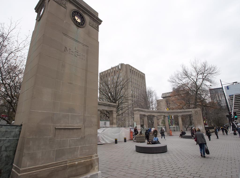 The Roddick Gates that serve as the main entrance to the McGill University campus are seen on November 14, 2017 in Montreal. In his written decision to halt McGill University’s major expansion project, a Quebec Superior Court judge stated that letting the work continue would cause irreparable harm to the Indigenous group that requested the injunction. 