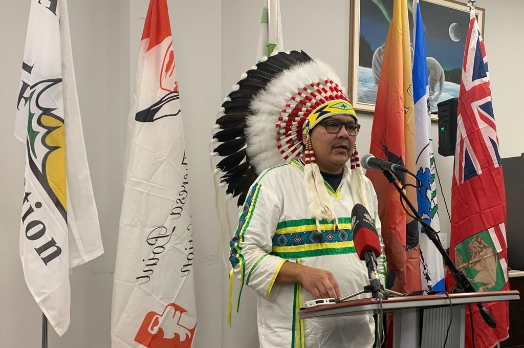 Red Sucker Lake First Nation Chief Sam Knott addresses a news conference in Winnipeg on Wednesday, Nov. 2, 2022. Chiefs from four remote First Nations in Manitoba are calling for the provincial and federal governments to work together with them to build a hospital in their area. 