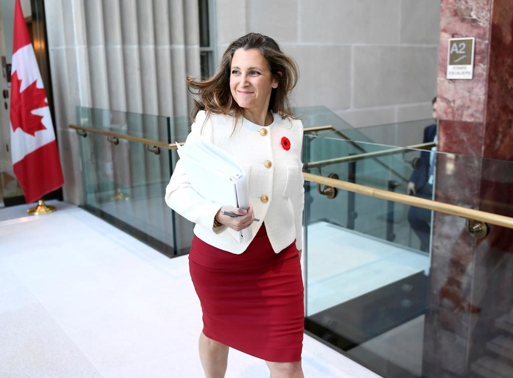 Deputy Prime Minister and Minister of Finance Chrystia Freeland arrives for a news conference before tabling the Fall Fiscal Update in Ottawa, on Thursday, Nov. 3, 2022. 