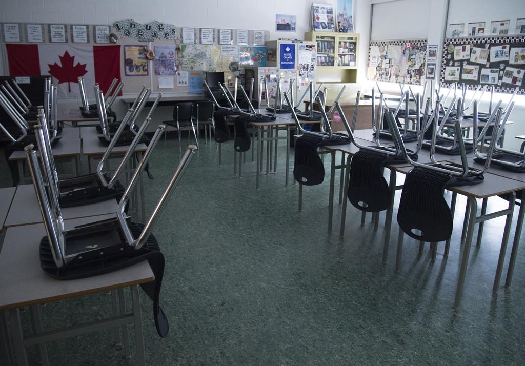 An empty classroom is pictured at a school in Vancouver, B.C. Monday, March 23, 2020. Striking Ontario education workers are set to picket at politicians' offices across the province today, with a major demonstration planned for the legislature.