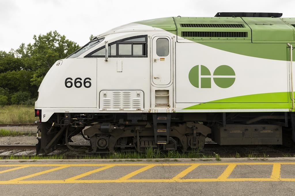 A GO Transit train sits parked at the Niagara Falls Train Station in Niagara Falls, Ont., on August 26, 2022.THE CANADIAN PRESS/Tara Walton.