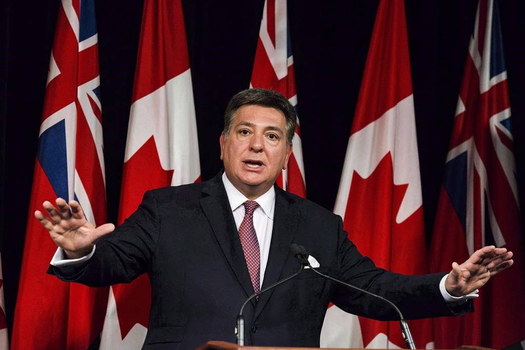 Then-Ontario Finance Minister Charles Sousa speaks to reporters in Queens Park in Toronto, Tuesday, Nov. 14, 2017. Sousa, a former Ontario finance minister, will run as the federal Liberal candidate in an upcoming Mississauga-area byelection that must be called by Nov. 26. THE CANADIAN PRESS/Christopher Katsarov.
