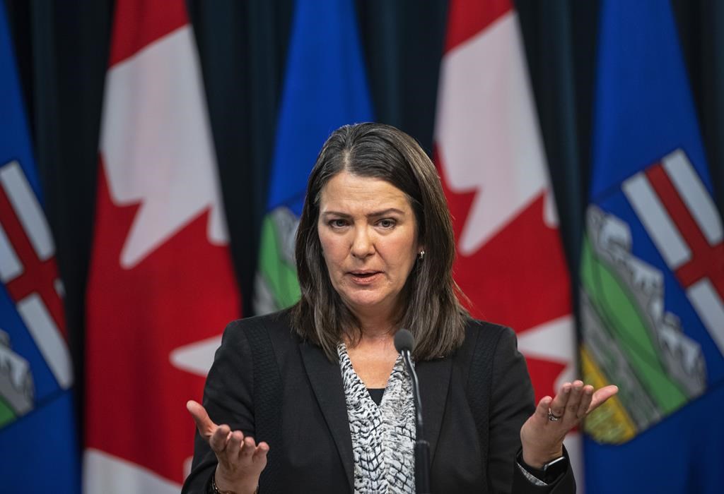 Danielle Smith holds her first press conference as Alberta premier in Edmonton, on Tuesday, Oct. 11, 2022.