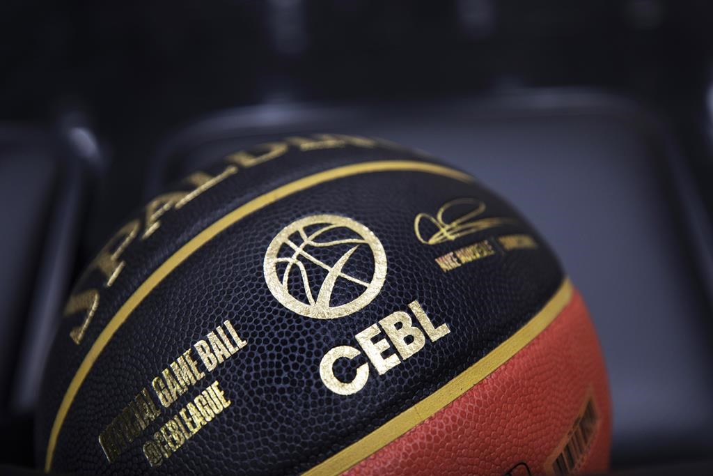 Official game ball of the Canadian Elite Basketball League sits courtside in Guelph, Ont., on Thursday, May 26, 2022.