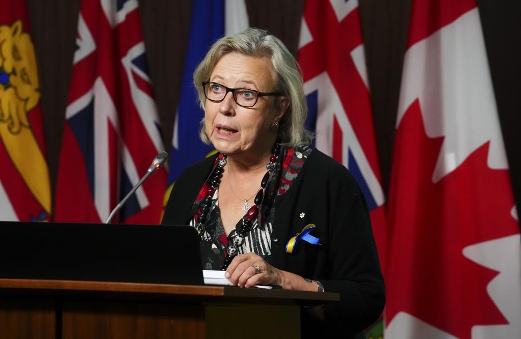 Green Party leadership candidate Elizabeth May speaks during a press conference on Parliament Hill in Ottawa on Thursday, Sept. 29, 2022. THE CANADIAN PRESS/Sean Kilpatrick.