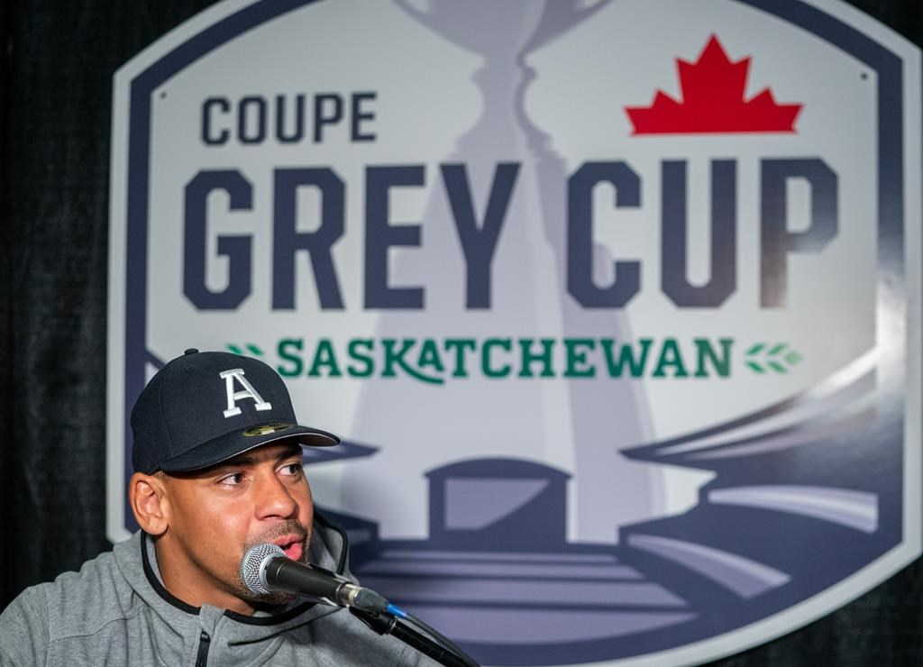 Toronto Argonauts running back Andrew Harris speaks to the media during a media day ahead of the 109th Grey Cup at Queensbury Convention Centre in Regina, on Thursday, November 17, 2022. THE CANADIAN PRESS/Heywood Yu.