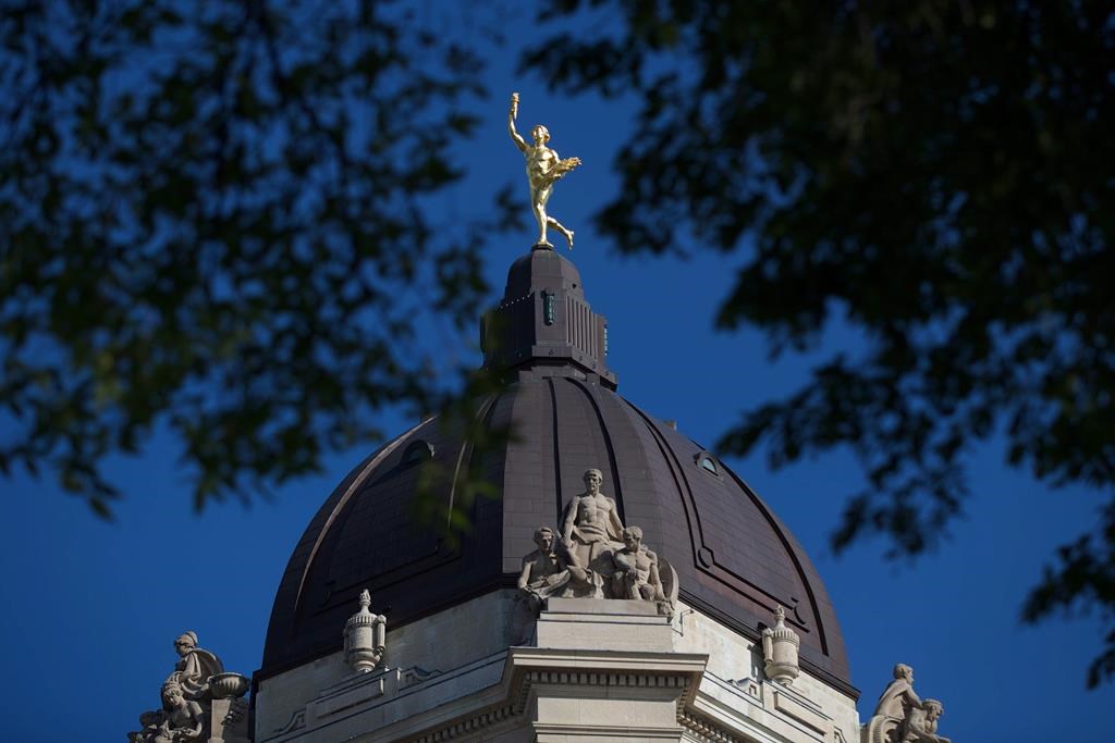 The Golden Boy stands on top of the dome of the Manitoba Legislature in Winnipeg.