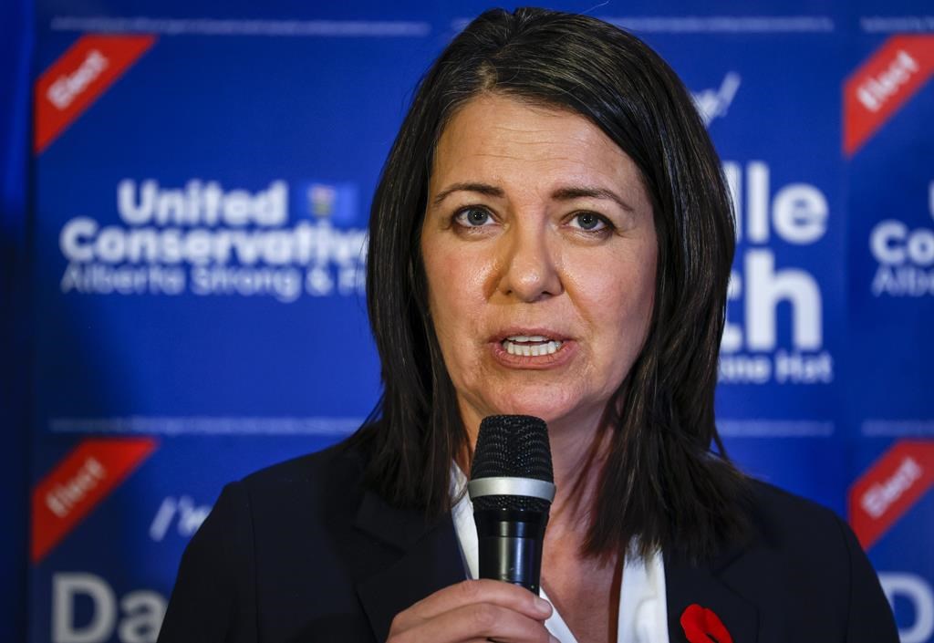United Conservative Party Leader and Premier Danielle Smith celebrates her win in a by-election in Medicine Hat, Alta., Tuesday, Nov. 8, 2022. Treaty 6 chiefs will be attending a pre-arranged meeting with Premier Danielle Smith on Tuesday. THE CANADIAN PRESS/Jeff McIntosh.