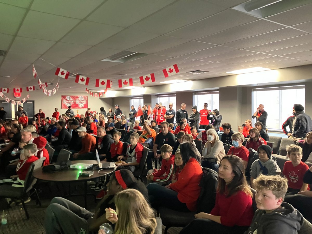 Dozens gathered Wednesday at London's BMO Field to watch Canada take on Belgium in the World Cup. It's the first time Canada has appeared in the tournament in more than 30 years.