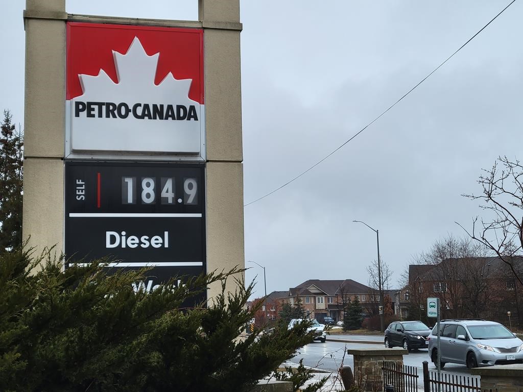 Gas prices are displayed at a Petro Canada gasoline station in Ajax, Ont., Monday, March 7, 2022.