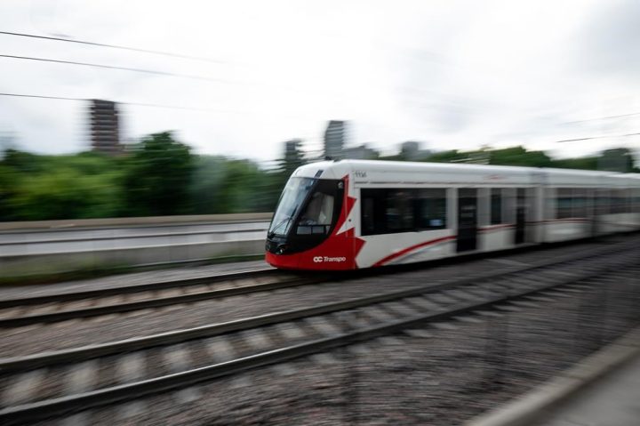 An Ottawa Light Rail Transit (LRT) train pulls into uOttawa Station in Ottawa, Ont., on Sunday, July 24, 2022.