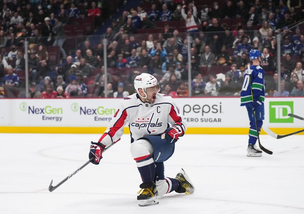 The Washington Capitals' Alex Ovechkin, of Russia, celebrates his first goal against the Vancouver Canucks during the first period of an NHL hockey game in Vancouver, on Tuesday, Nov. 29, 2022.