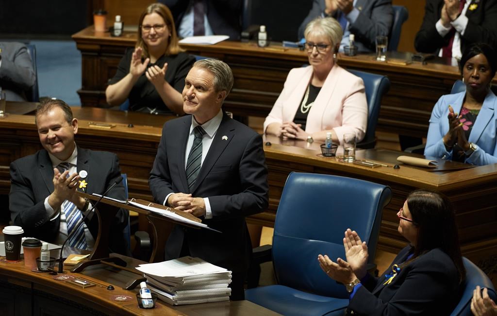 Manitoba Finance Minister Cameron Friesen delivers the 2022 budget in Winnipeg on April 12, 2022 at the Manitoba Legislative Building. The government says it will not privatize core functions of Crown-owned Manitoba Hydro. 