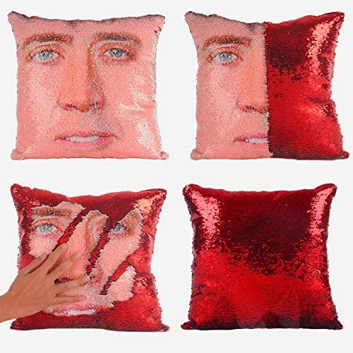 Nicolas Cage's face on a sequined red pillow.