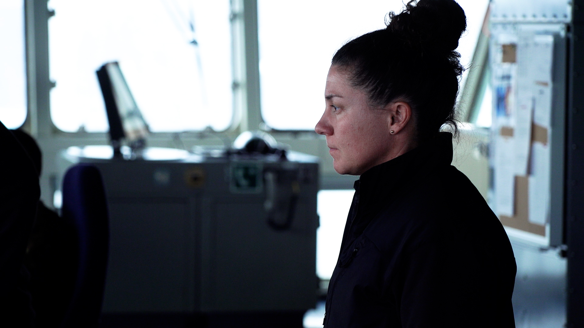 Commander Nicole Robichaud stands in the bridge of the HMCS Margaret Brooke in September 2022. The ship patrolled Canada’s Arctic waters and ventured further north than any previous Canadian patrol ship.
