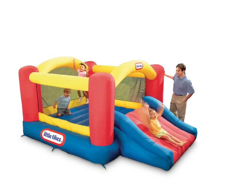 A picture of a red, yellow and blue bounce house