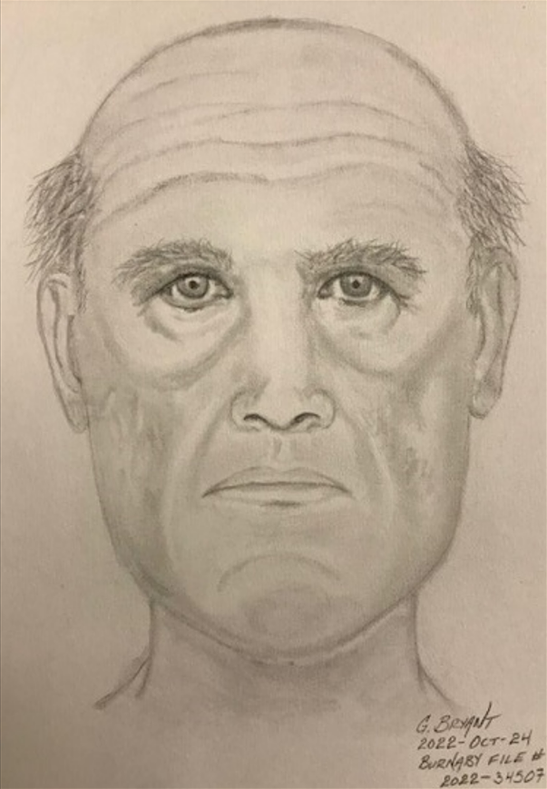 Burnaby RCMP have released a sketch of the suspect in an alleged incident involving inappropriate gestures and comments made to women at Deer Lake Park in Burnaby, B.C. on Oct. 13, 2022.