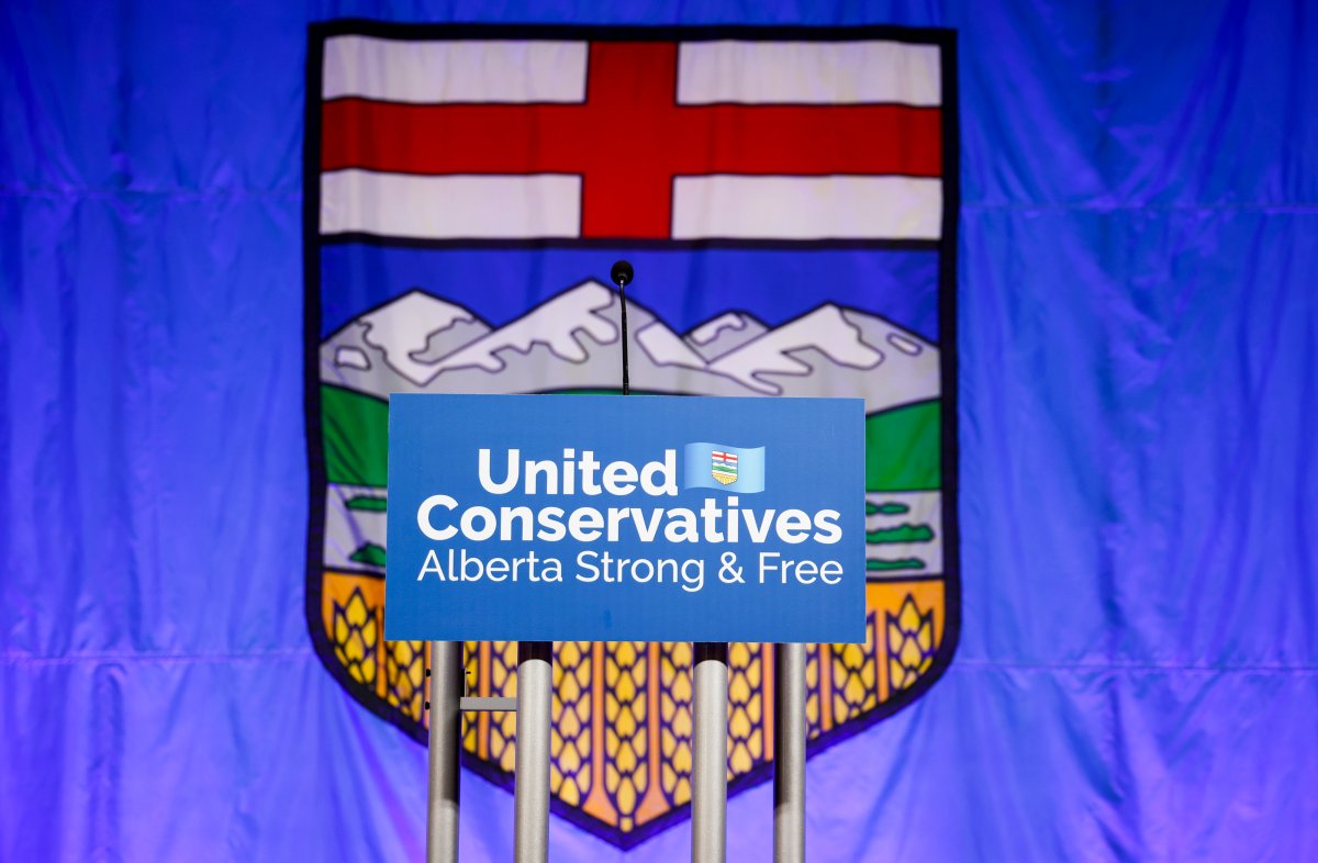 A United Conservative Party of Alberta's sign is shown in front of the Alberta flag prior to the party's leadership announcement in Calgary, Alta., Thursday, Oct. 6, 2022.