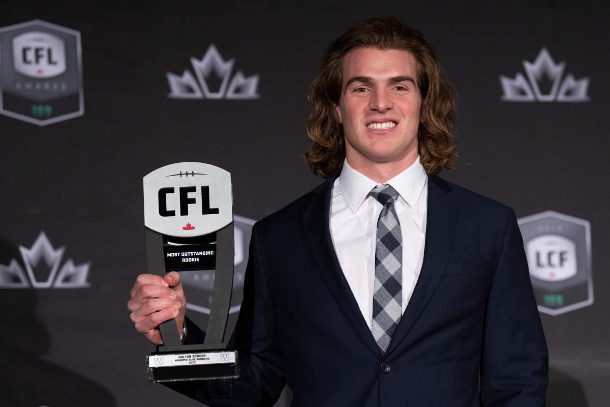 Rookie of the year, wide receiver Dalton Schoen of the Winnipeg Blue Bombers, holds up his trophy during the CFL Awards in Regina, Thursday, Nov. 17, 2022. THE CANADIAN PRESS/Paul Chiasson