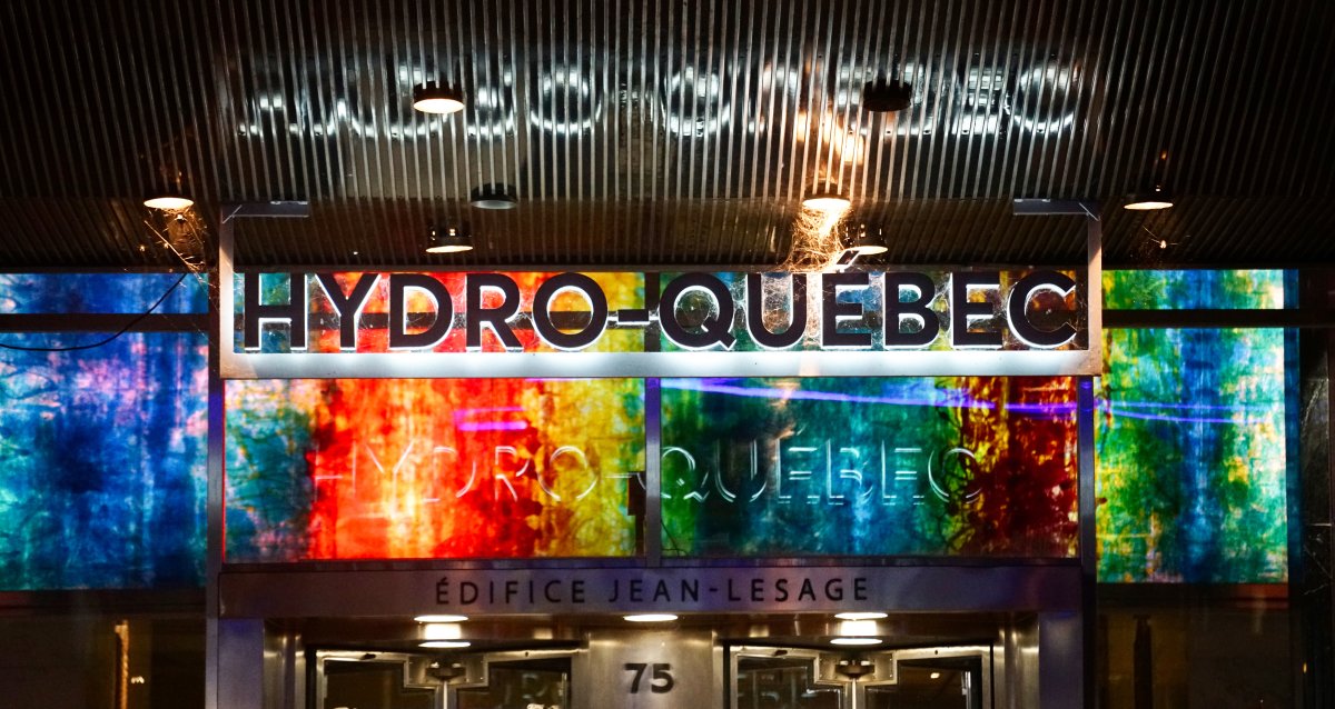 Hydro-Quebec sign outside of their headquarters at night in Montreal, Que. Monday, September 28, 2020. 