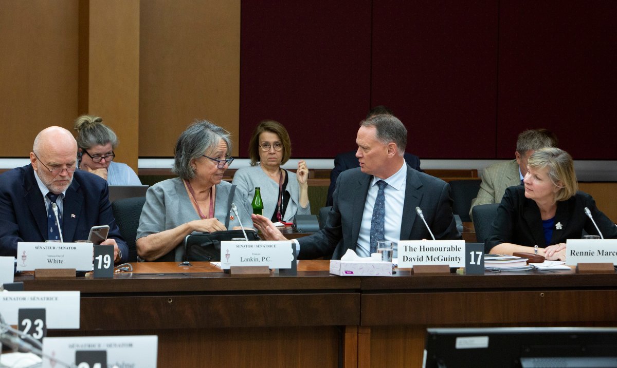 Senator Vern White, left to right, Senator Frances Lankin, David McGunity, chair of the National Security and Intelligence Committee of Parliamentarians, and Rennie Marcoux Executive Director of secretariat of National Security of Parliamentarians appear before the Senate National Security Committee in Ottawa on Monday June 10, 2019. 