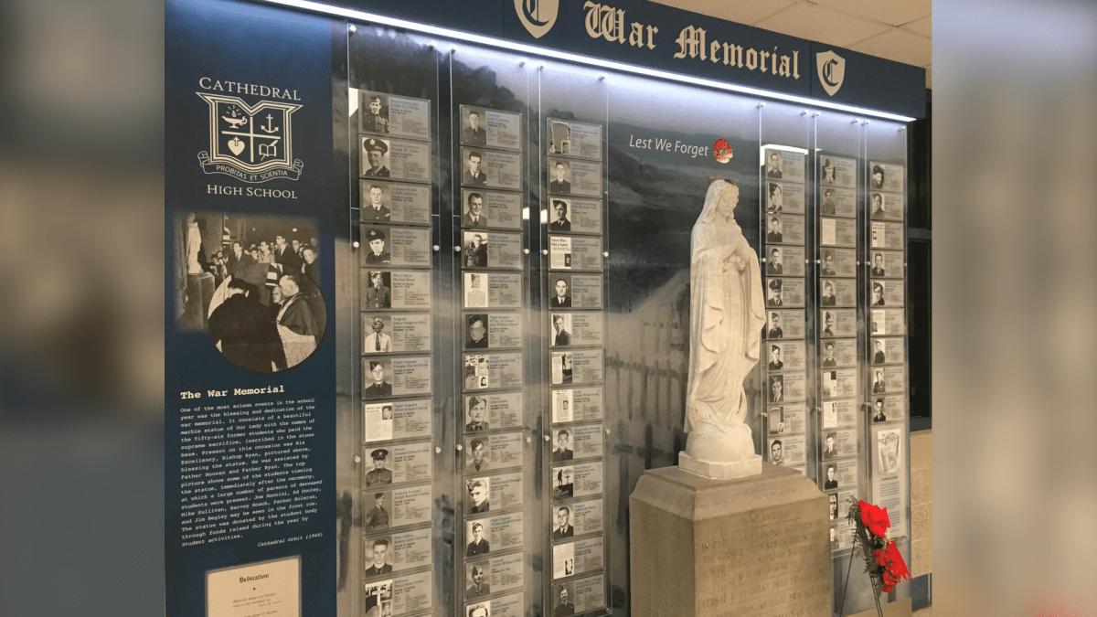 Photo of the 'War Memorial Project' at Cathedral High School in Central Hamilton honouring local students who died in World War I and II.