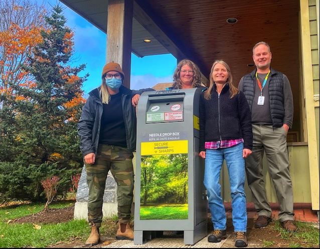 The HKPR District Health Unit is launching needle drop bins. Shown are, from left, Katlin Archibald, PARN harm reduction outreach worker; Andrea Mueller, manager of programs and events, Municipality of Dysart; Kate Hall, HKPR health promoter; and Chris Stephenson, Haliburton County Library CEO.