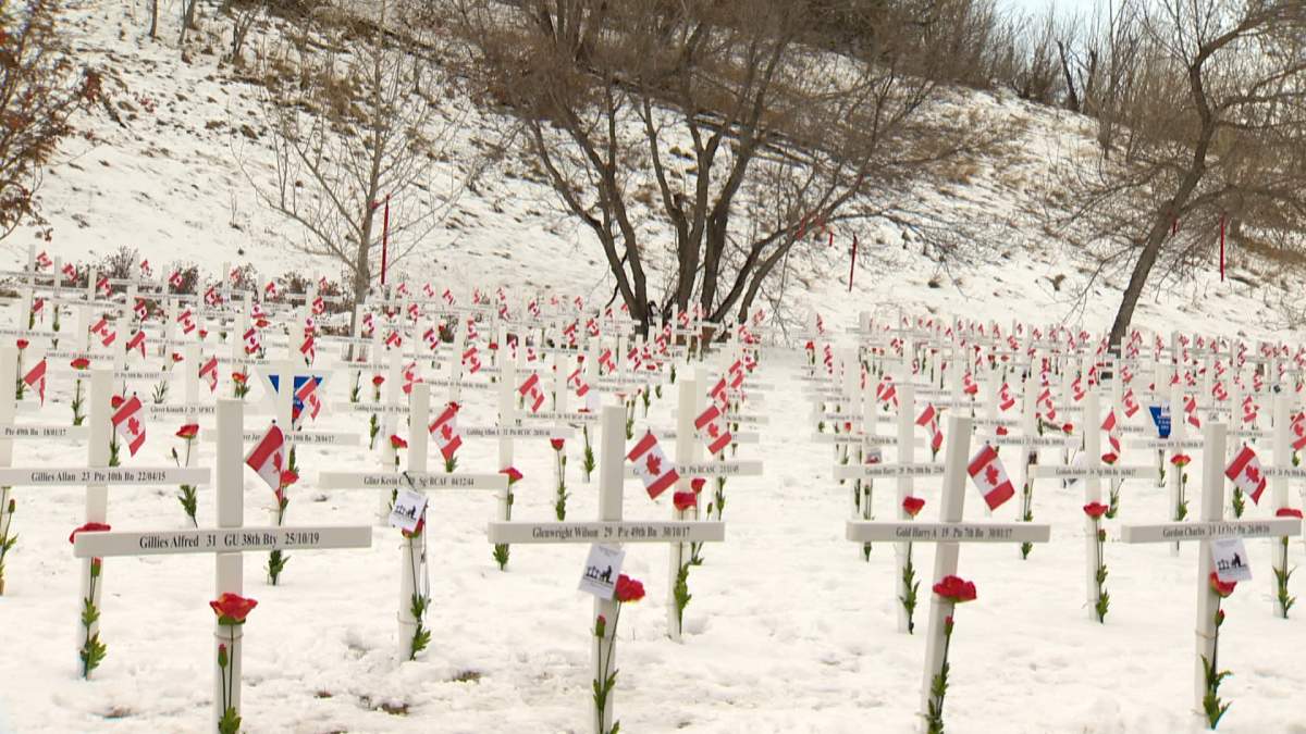 A photograph of Calgary's Field of Crosses ahead of the 2022 ceremonies.