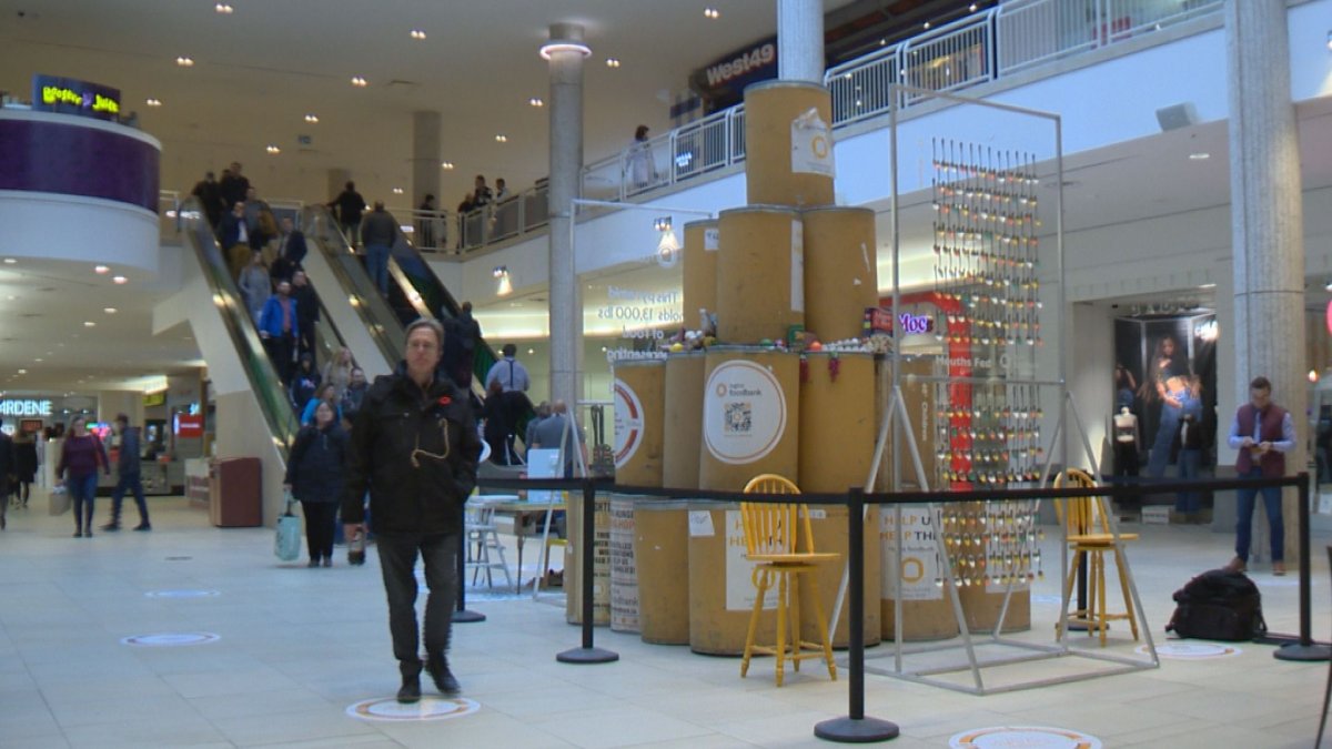 The Regina Food Bank along with community partners display a barrel pyramid at the Cornwall Centre to visually represent the amount of food they feed people a month.