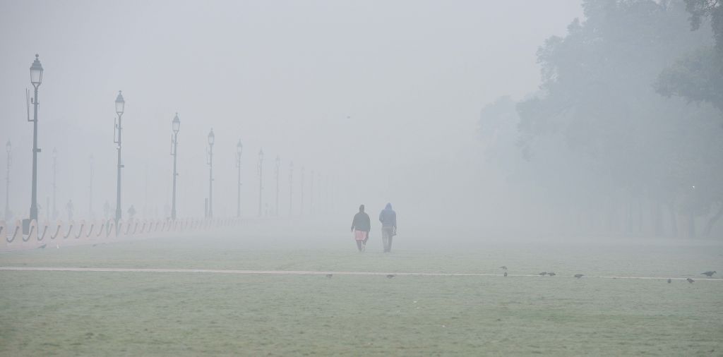 A view of India Gate on a misty morning on November 1, 2022 in New Delhi, India.