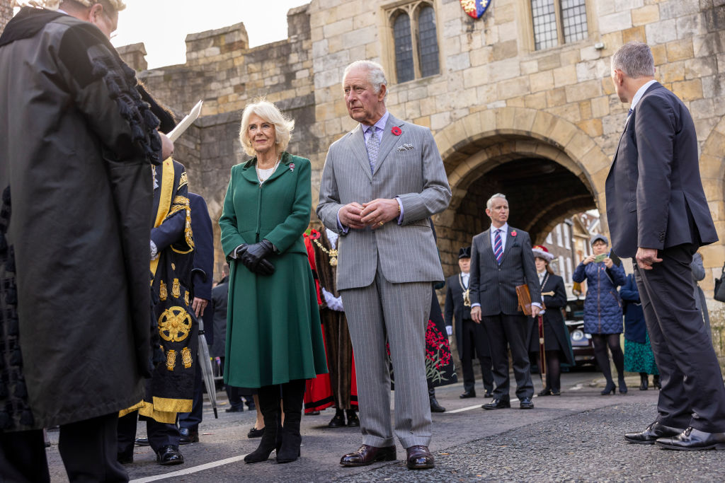 King Charles III and Camilla, Queen Consort attend a welcoming ceremony at Micklegate Bar where, traditionally, The Sovereign is welcomed to the city during an official visit to Yorkshire on November 09, 2022 in York, England.
