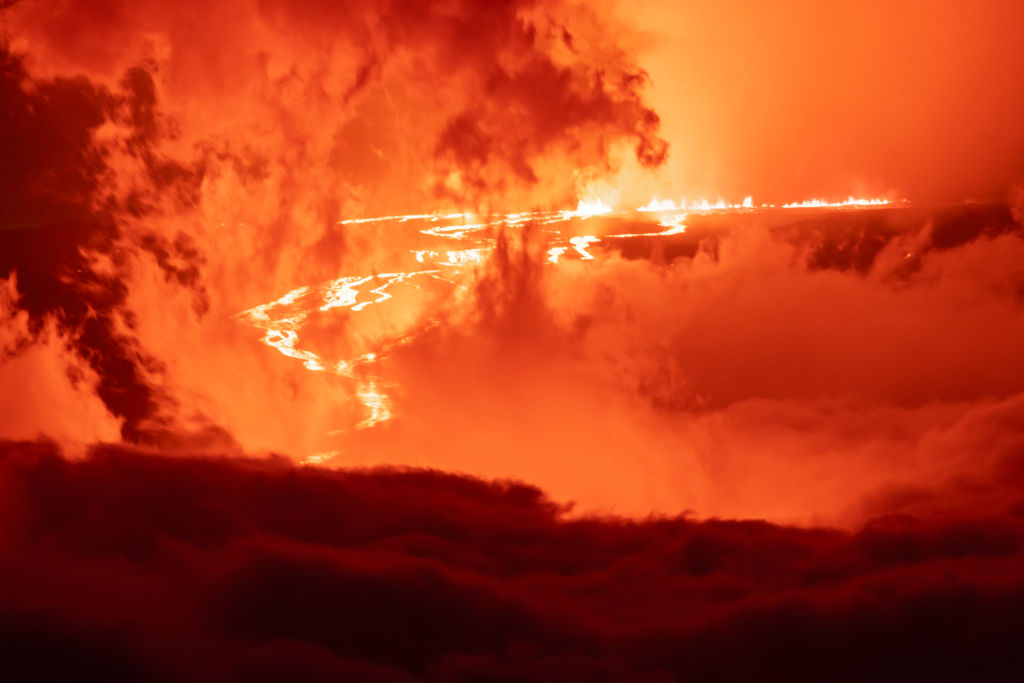 The Big Island's Mauna Loa Volcano erupts on November 28, 2022 on the Island of Hawaii. For the first time in almost 40 years, the biggest active volcano in the world erupted prompting an emergency response on the Big Island.