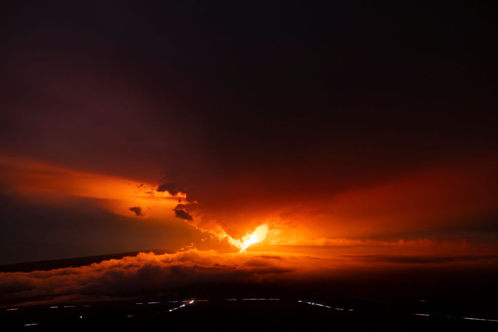 The Big Island's Mauna Loa Volcano erupts on November 28, 2022 on the Island of Hawaii.