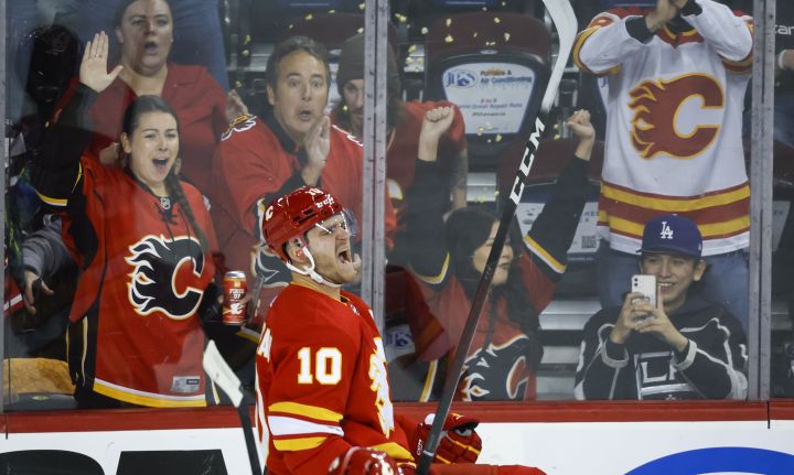 Calgary Flames forward Jonathan Huberdeau celebrates his goal with during first period NHL hockey action against the Los Angeles Kings in Calgary, Monday, Nov. 14, 2022.