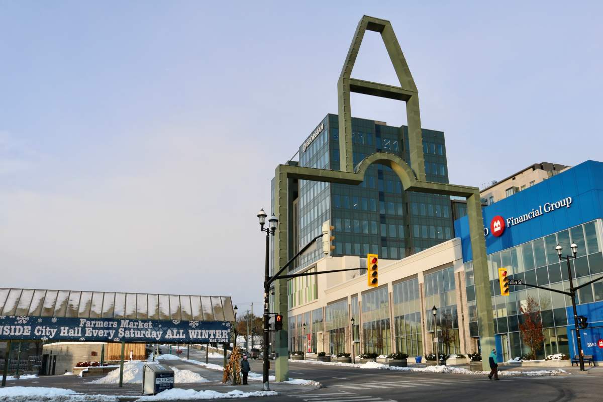 Downtown Barrie Ont., in winter. Nov., 19, 2022.