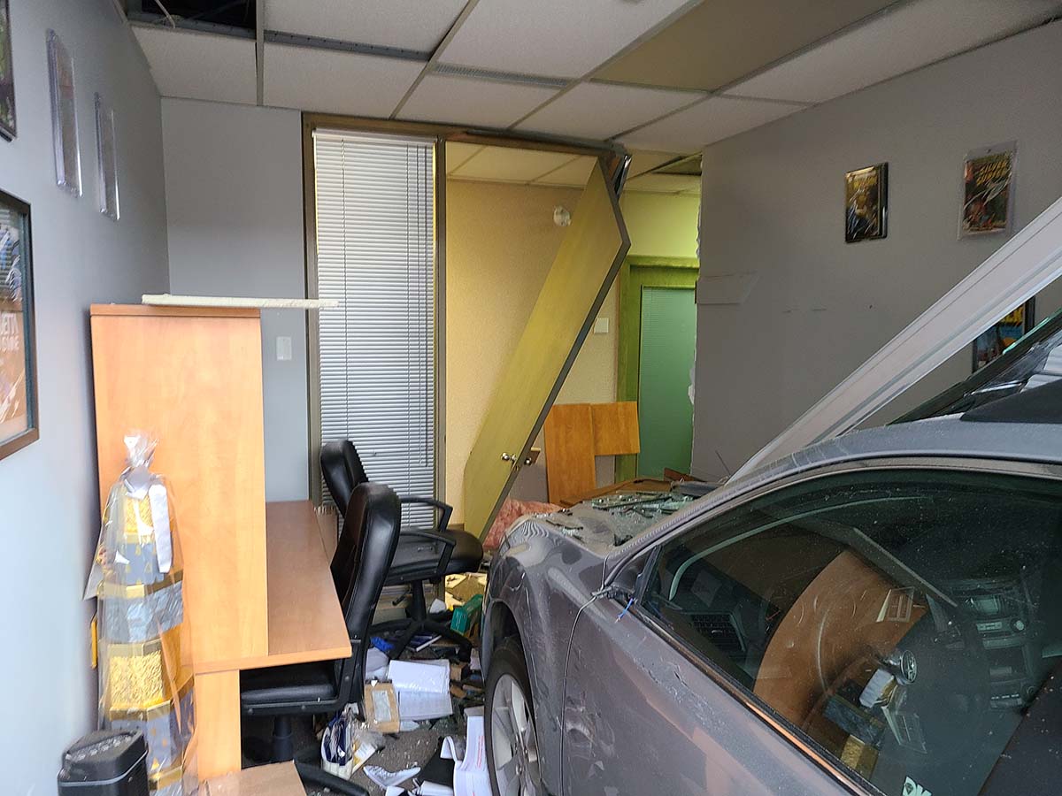 A photo of the silver SUV that smashed through a building’s window on Wednesday morning in Kelowna.