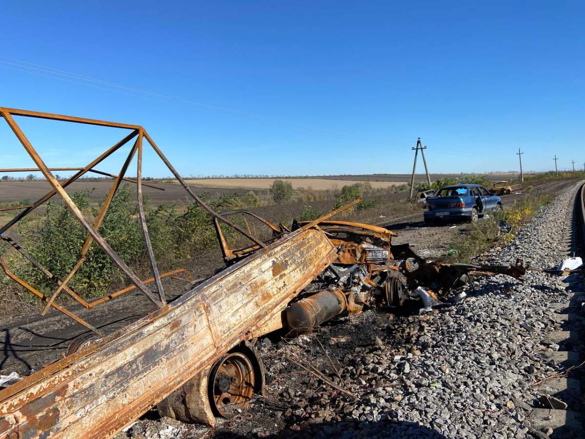 Wreckage of civilian convoy attacked by Russian forces near Kupiansk, Ukraine, Sept. 25, 2022. 