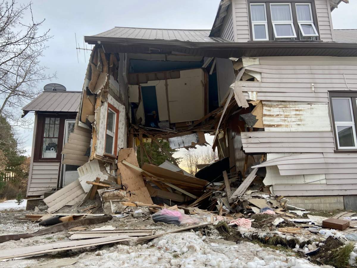 Semi tractor and trailer unit colliding into a home on Range Road 23A, south of Township Road 545, near the town of Onoway on Nov. 20, 2022.