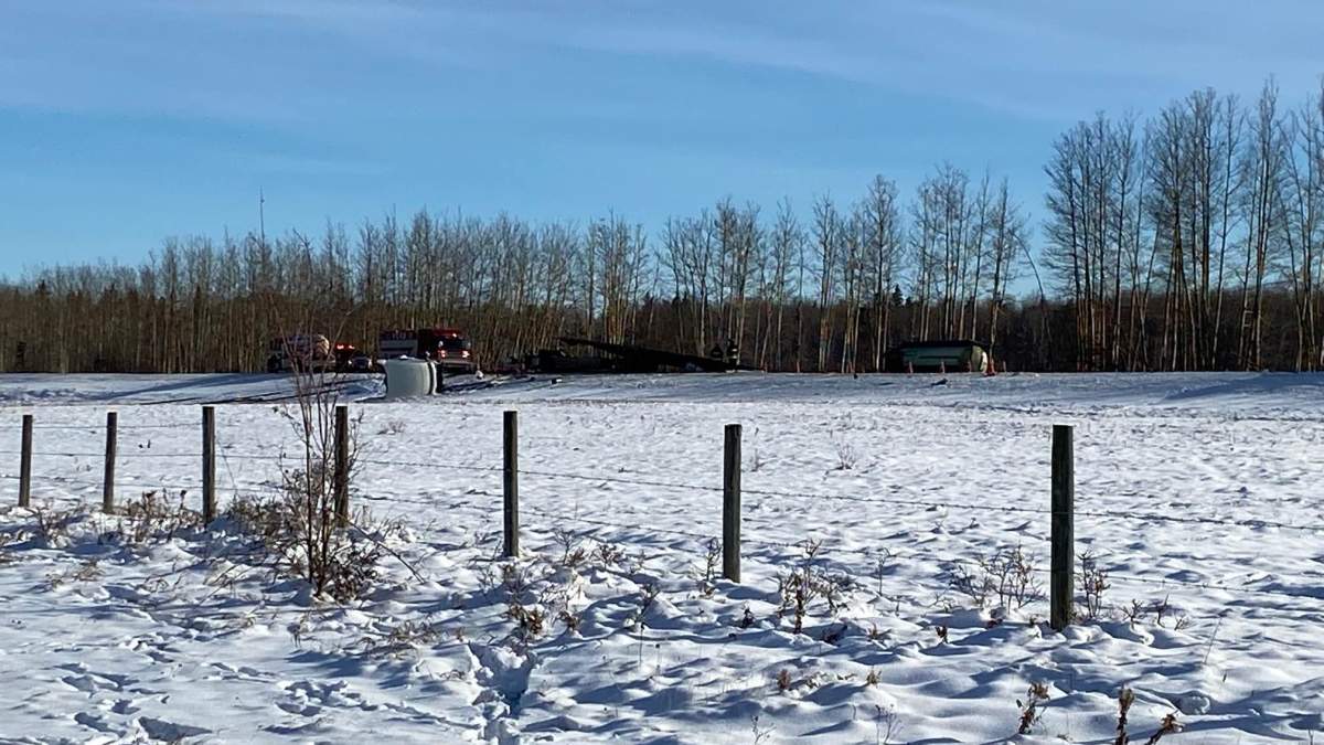 Two semi collided and caught on fire on Highway 16 west of Evansburg, Alta. on Friday, November 11, 2022.