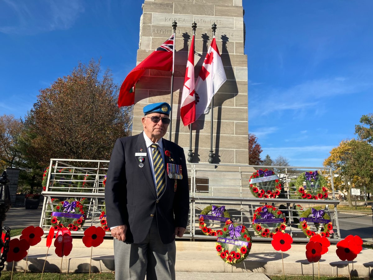 Sam Newman, a veteran with Vimy Branch 145 of the Royal Canadian Legion, stands outside the London Cenotaph on Nov. 10, 2022.